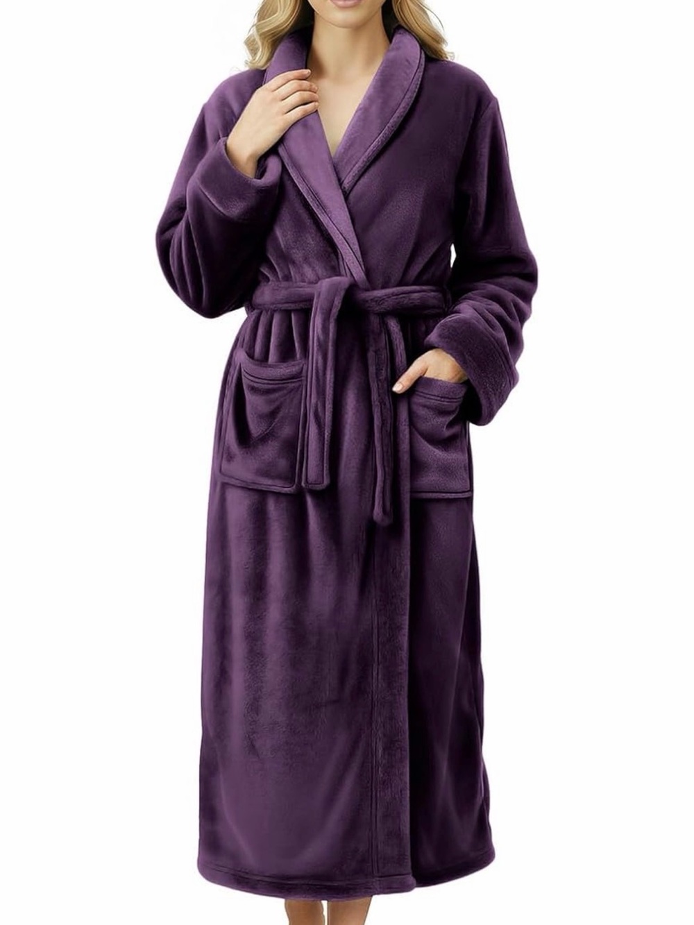 Plush Hooded Long Robe for Women — Deep Plum - Picture 2 of 6